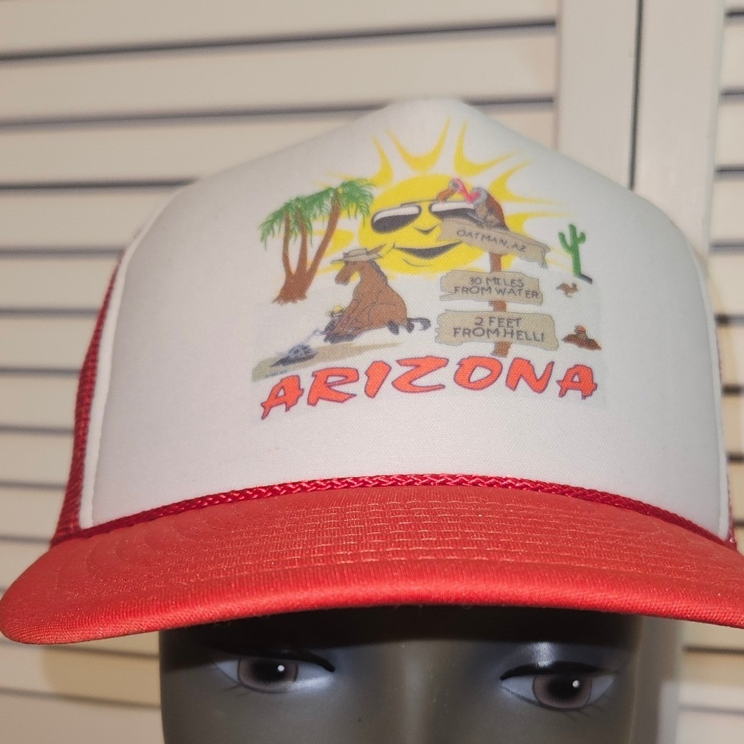 Vintage Arizona Oatman Souvenir Trucker Hat Red White Mesh Snapback Nissin Cap